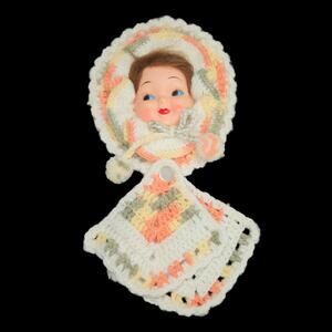 Vintage Crochet Doll Potholder Set Plastic Head Kitchen Decor Orange & Yellow